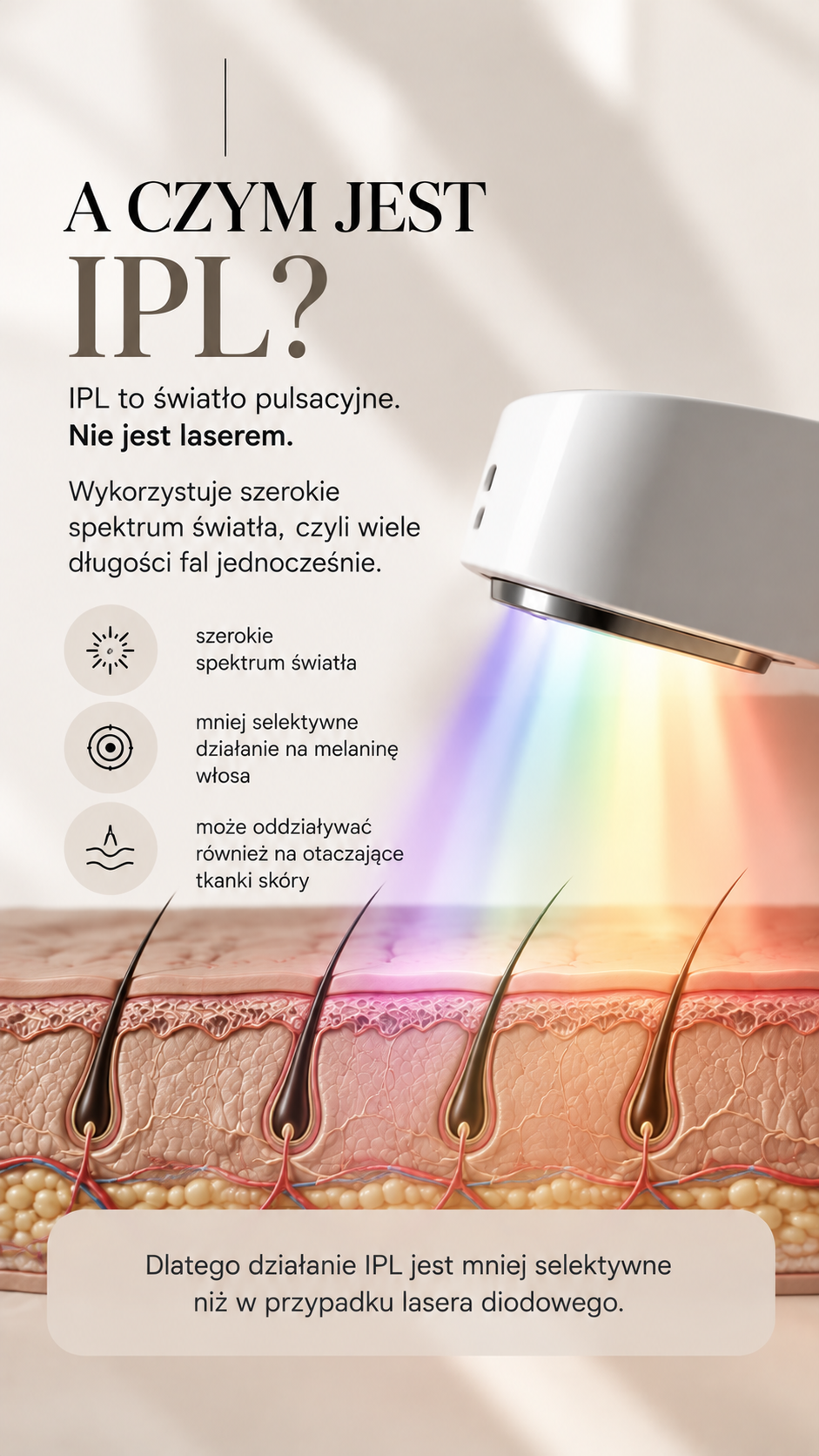 Infografika wyjaśniająca czym jest IPL - szerokie spektrum światła działające na włos
