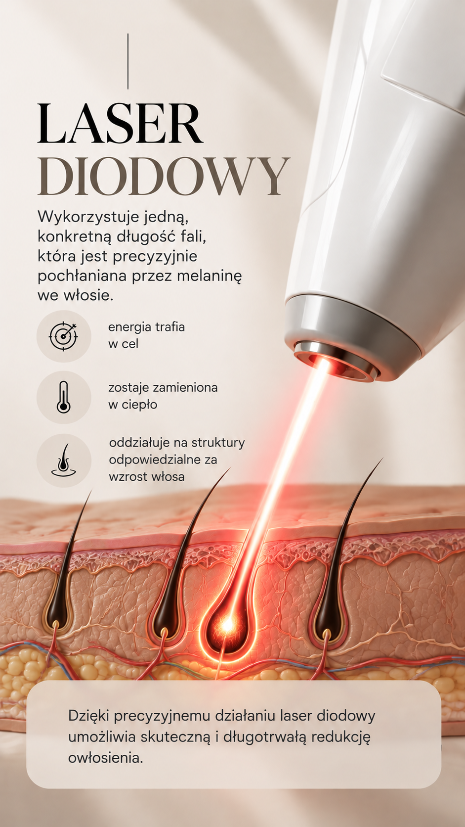 Zasada działania lasera diodowego - precyzyjna długość fali pochłaniana przez melaninę włosa