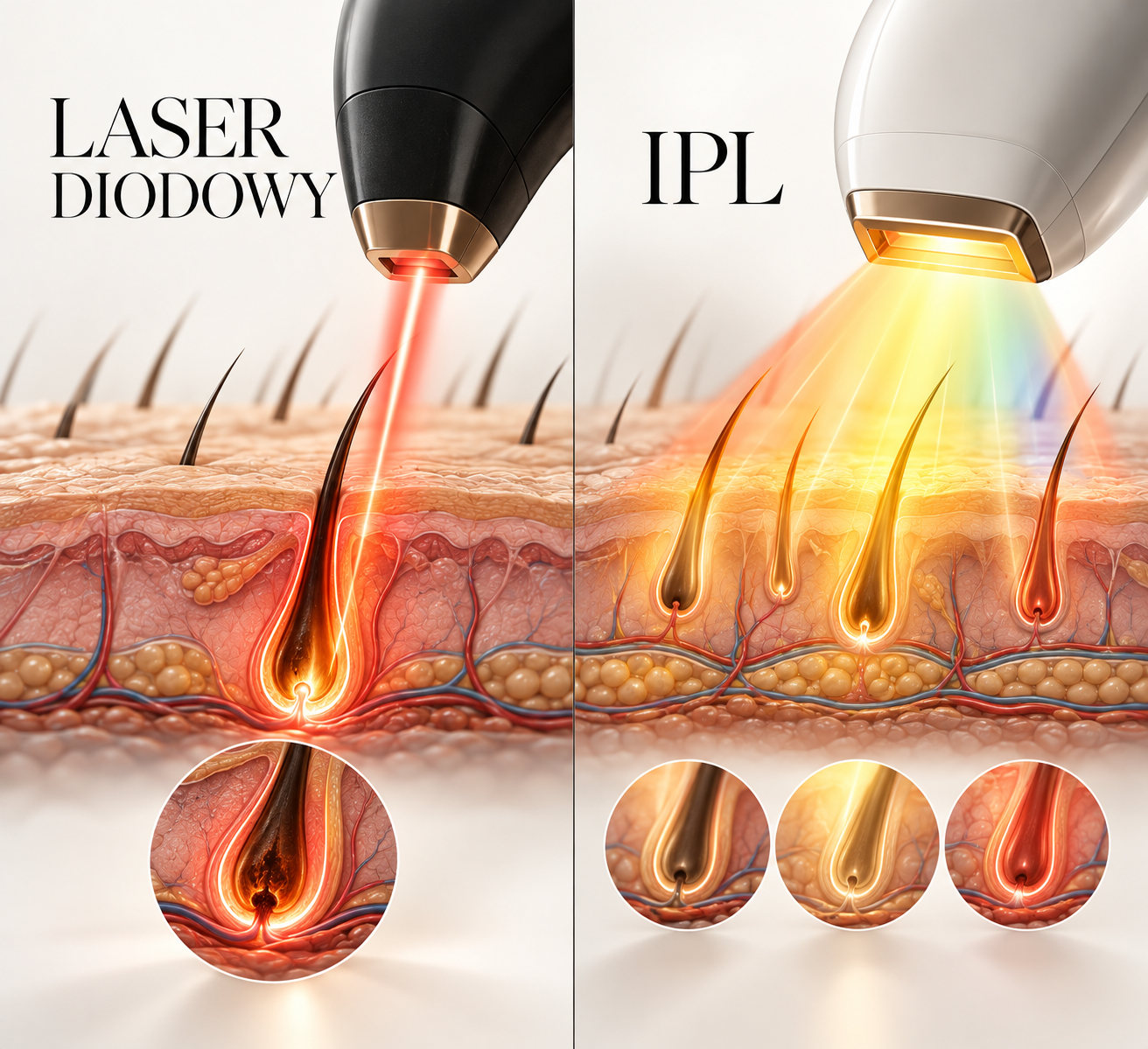 Porównanie działania lasera diodowego i IPL na mieszek włosowy - przekrój skóry